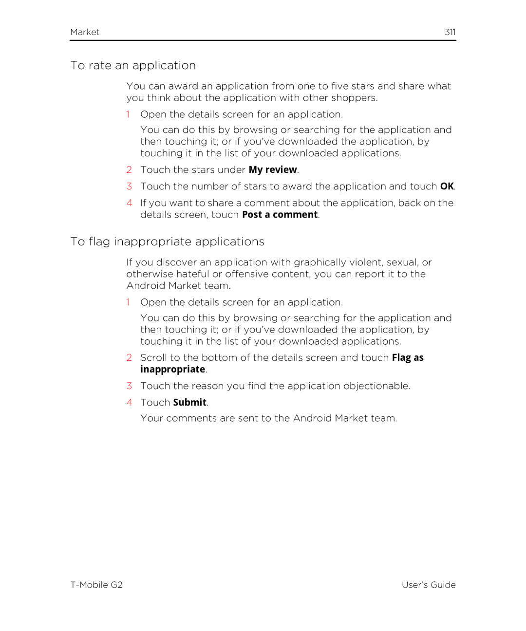 HTC G2 manual To rate an application, To flag inappropriate applications 