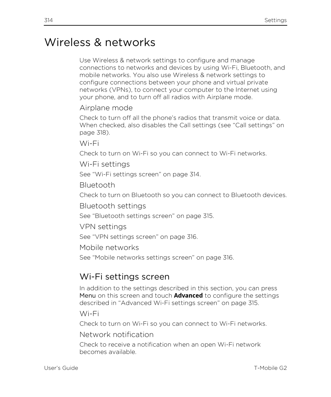 HTC G2 manual Wireless & networks, Wi-Fi settings screen 