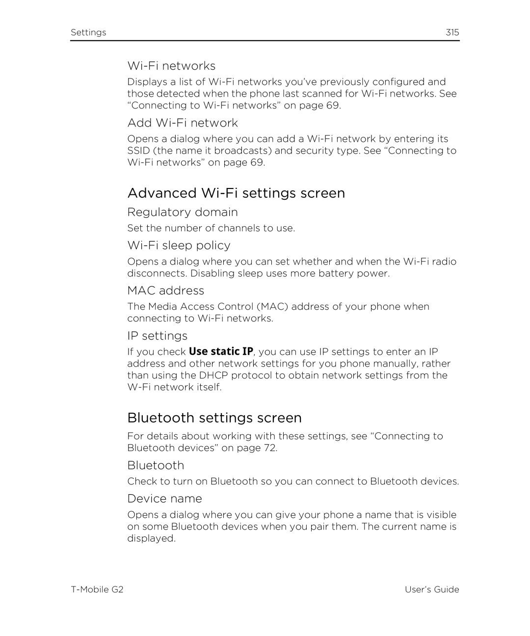 HTC G2 manual Advanced Wi-Fi settings screen, Bluetooth settings screen 