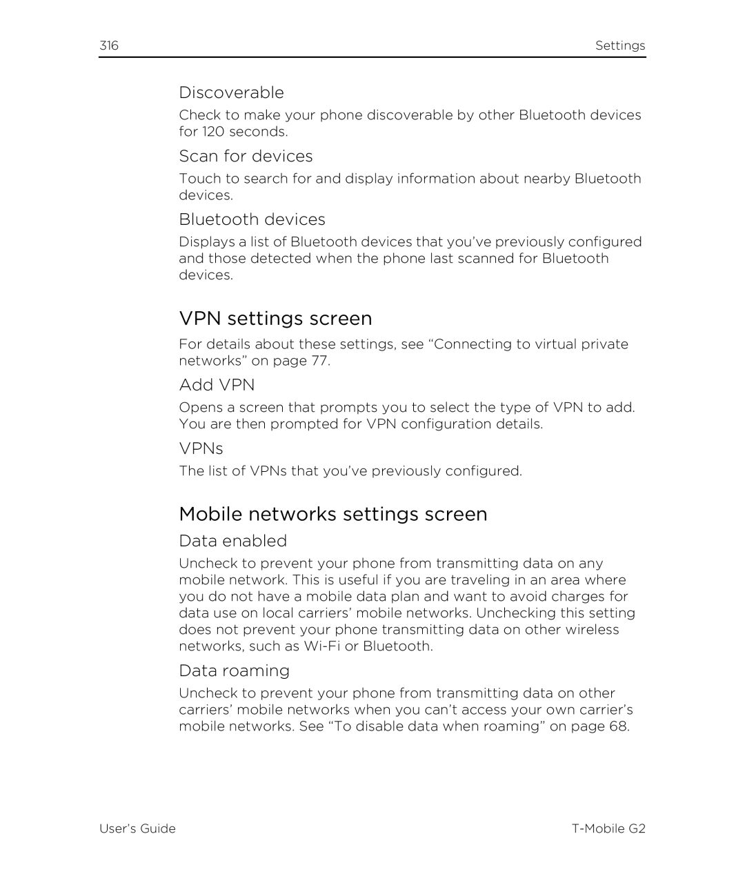 HTC G2 manual VPN settings screen, Mobile networks settings screen 