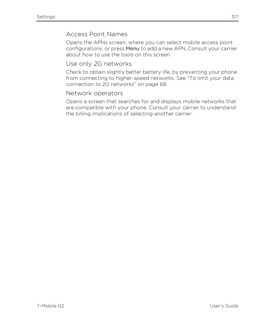 HTC G2 manual Access Point Names, Use only 2G networks, Network operators 
