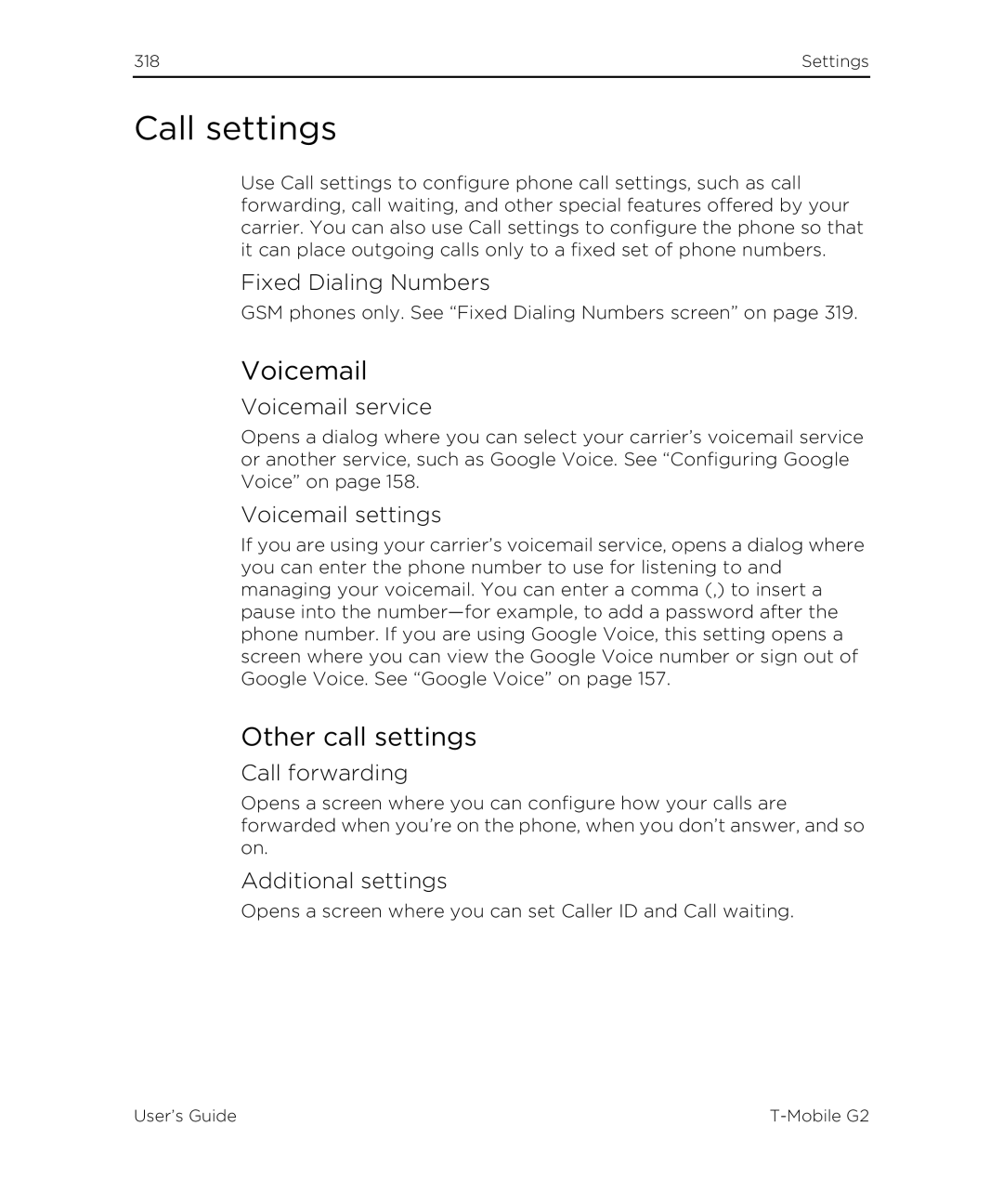 HTC G2 manual Call settings, Voicemail, Other call settings 