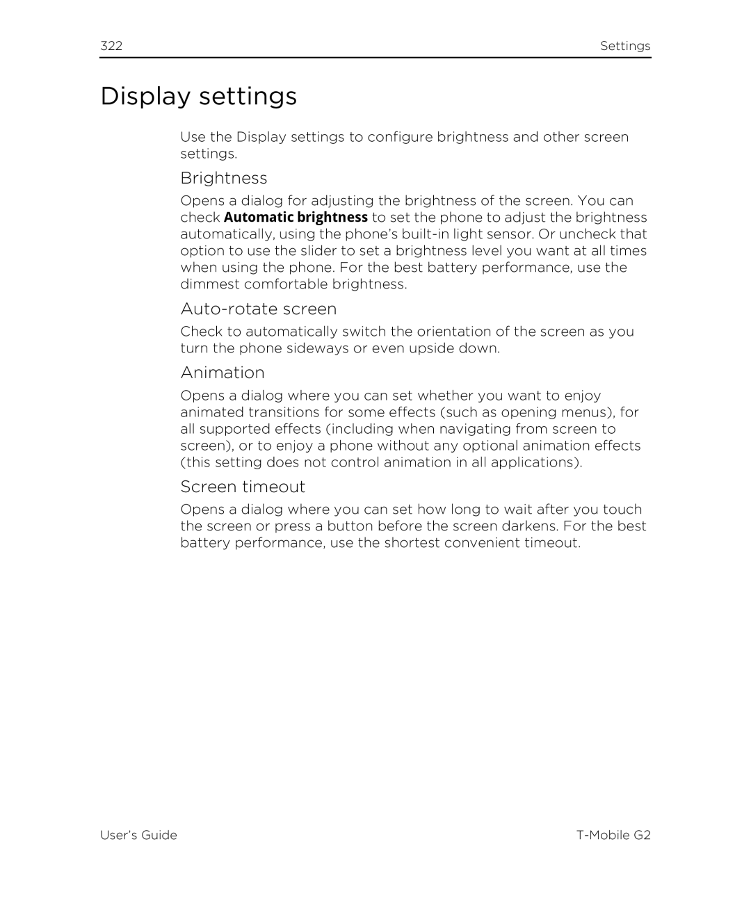 HTC G2 manual Display settings, Brightness, Auto-rotate screen, Animation, Screen timeout 