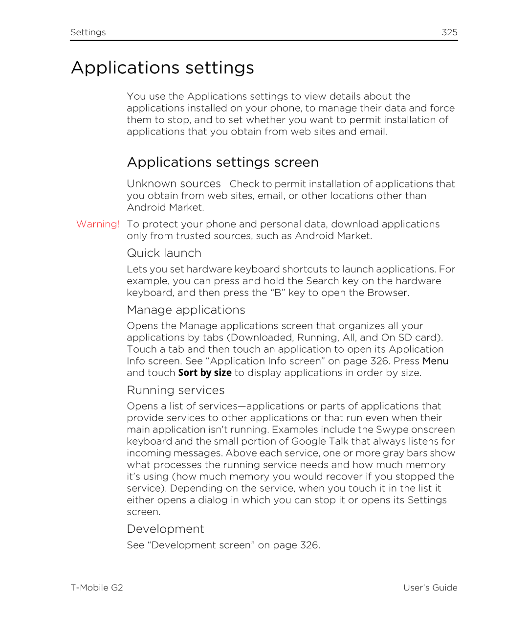 HTC G2 manual Applications settings screen 