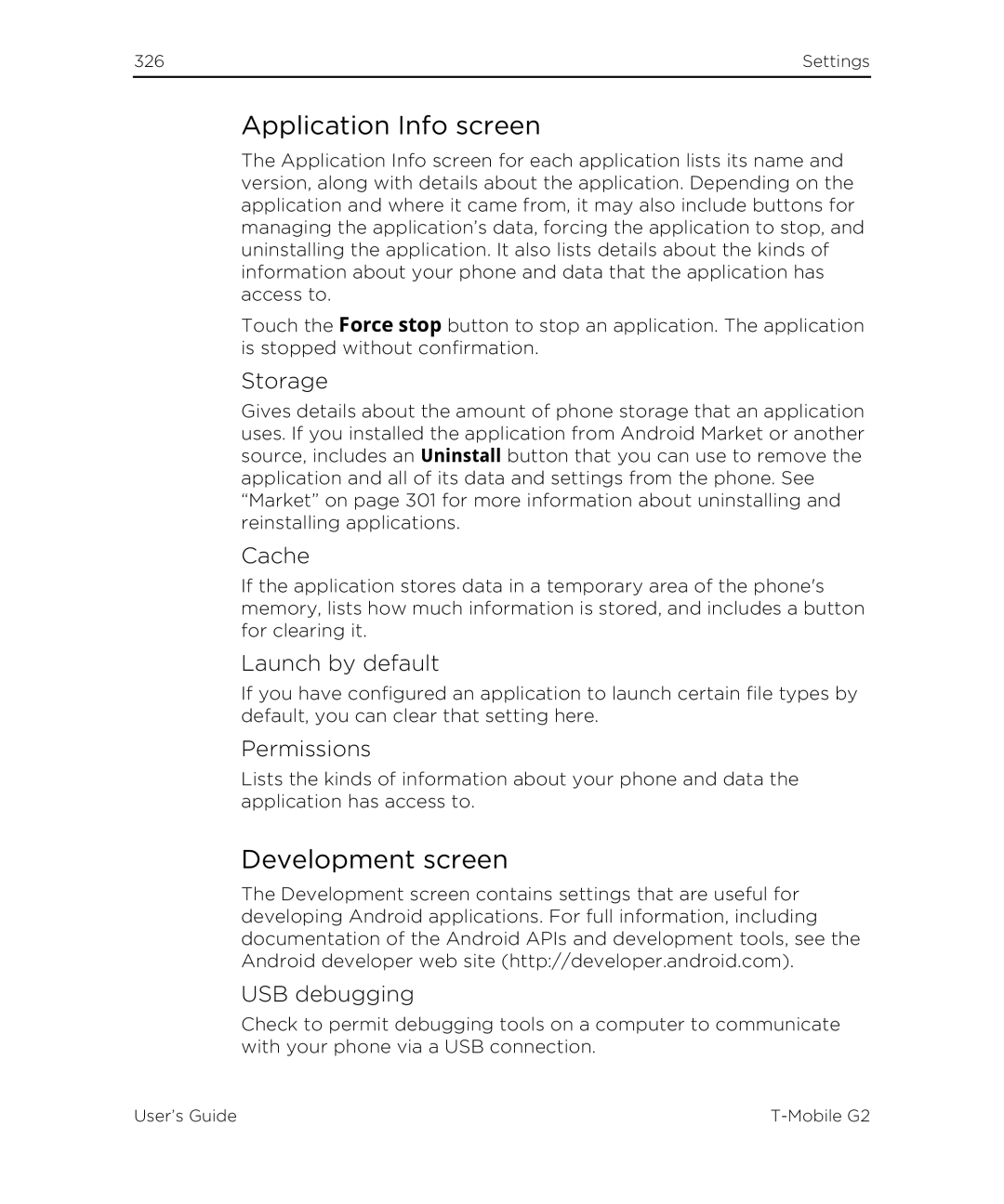 HTC G2 manual Application Info screen, Development screen 