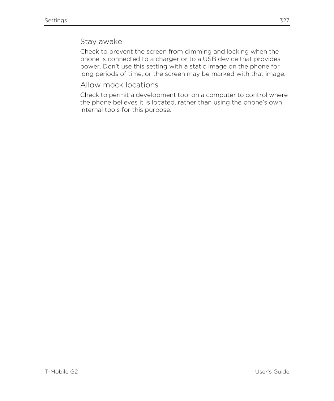HTC G2 manual Stay awake, Allow mock locations 