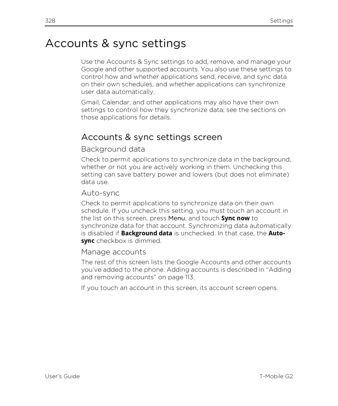 HTC G2 manual Accounts & sync settings screen, Auto-sync, Manage accounts 