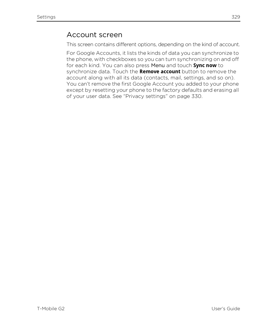 HTC G2 manual Account screen 