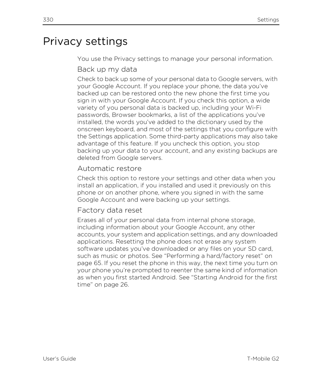 HTC G2 manual Privacy settings, Back up my data, Automatic restore, Factory data reset 