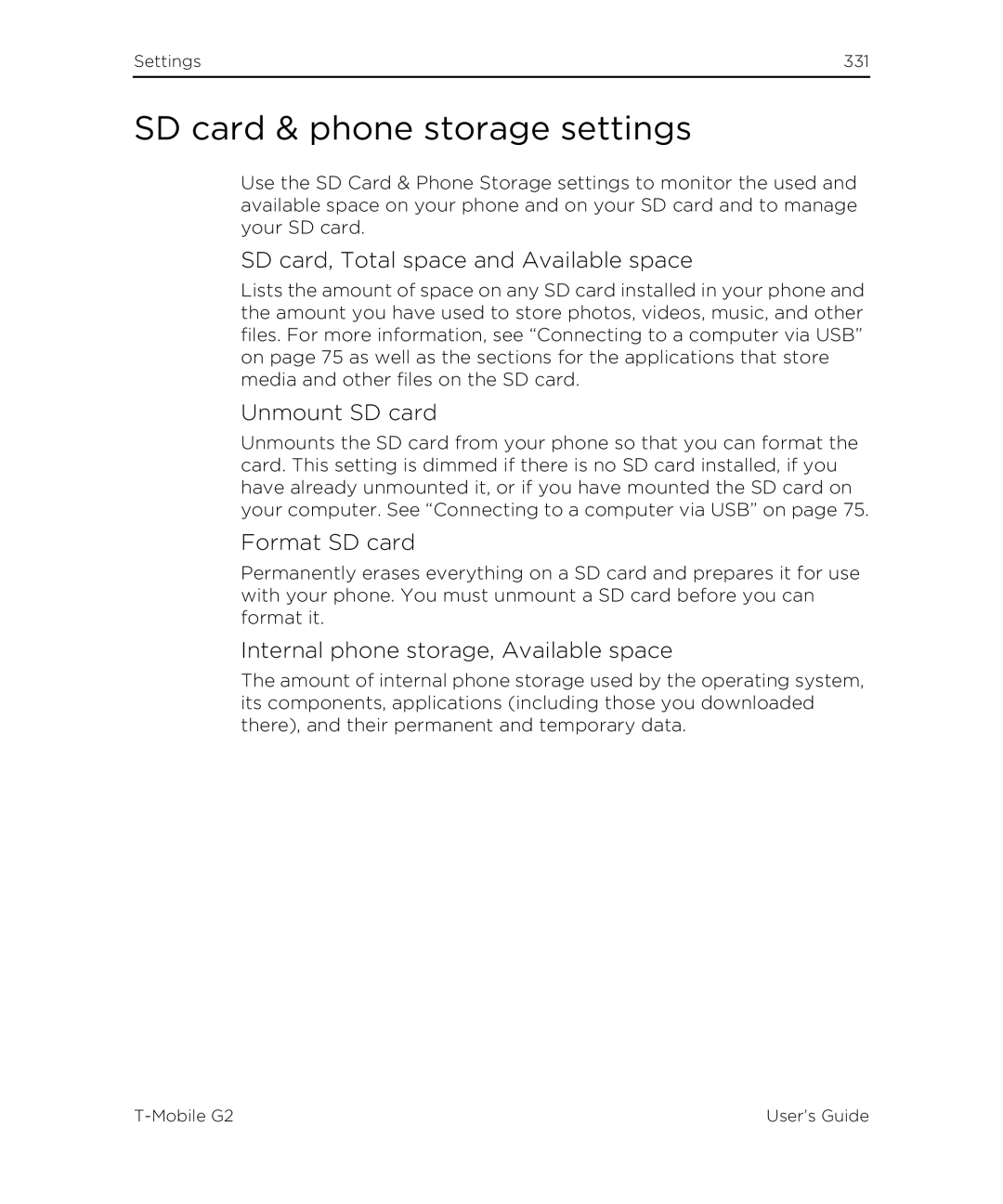 HTC G2 manual SD card & phone storage settings, SD card, Total space and Available space, Unmount SD card, Format SD card 