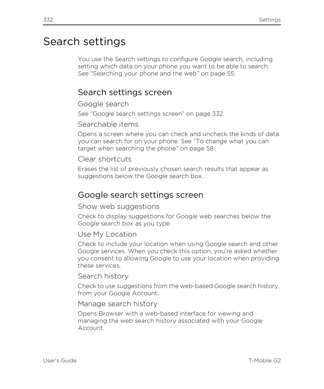 HTC G2 manual Search settings screen, Google search settings screen 