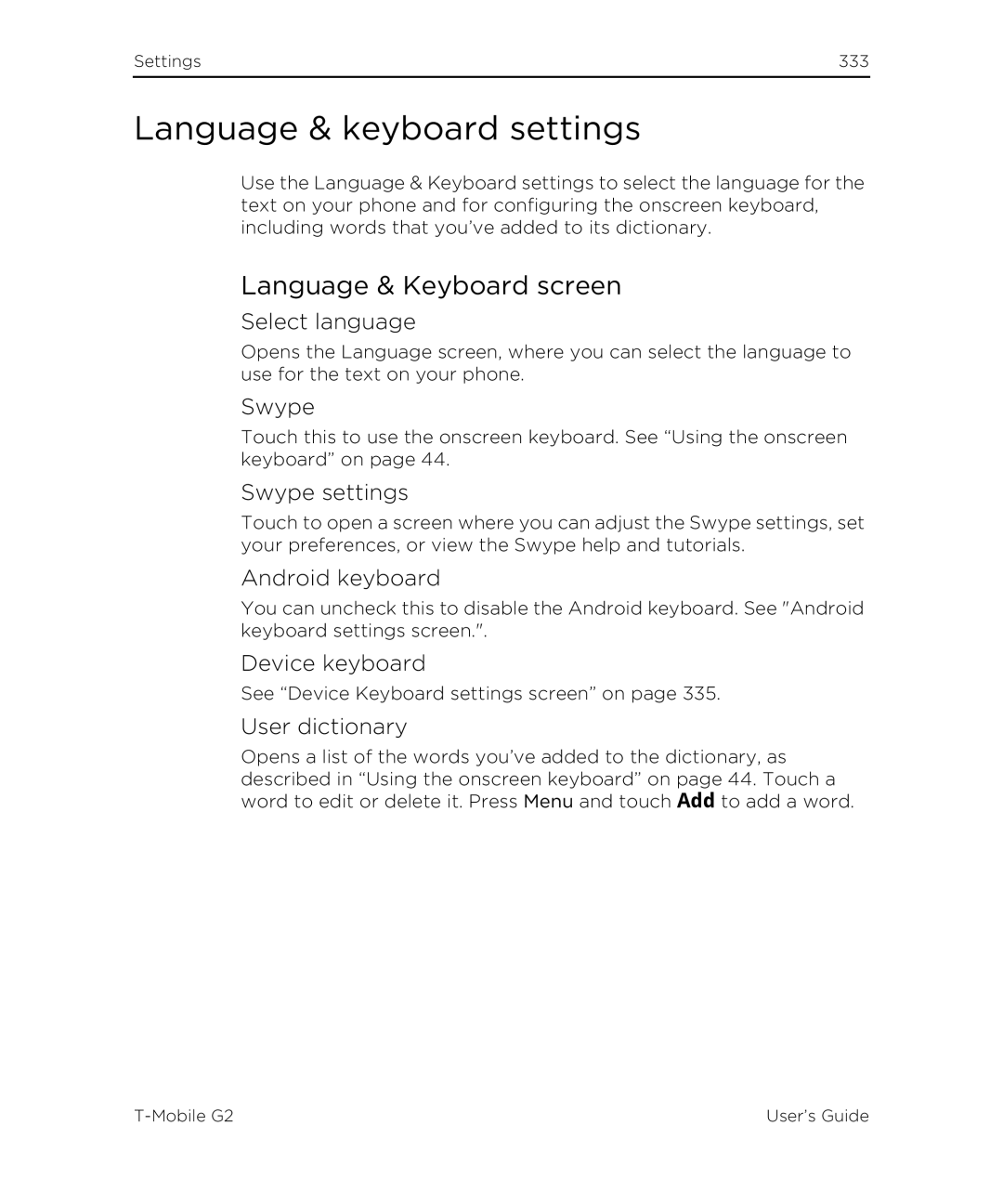 HTC G2 manual Language & keyboard settings, Language & Keyboard screen 