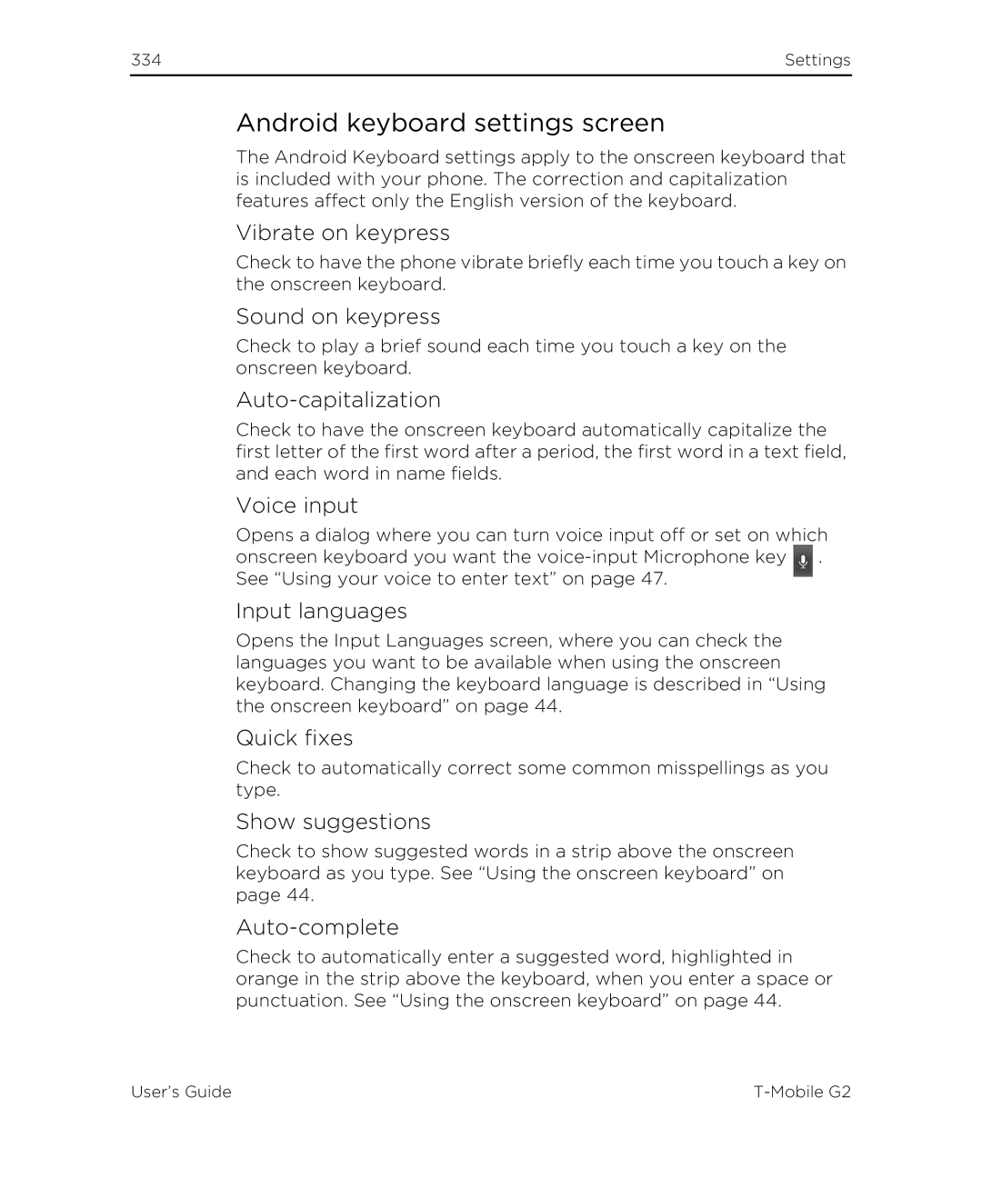 HTC G2 manual Android keyboard settings screen 