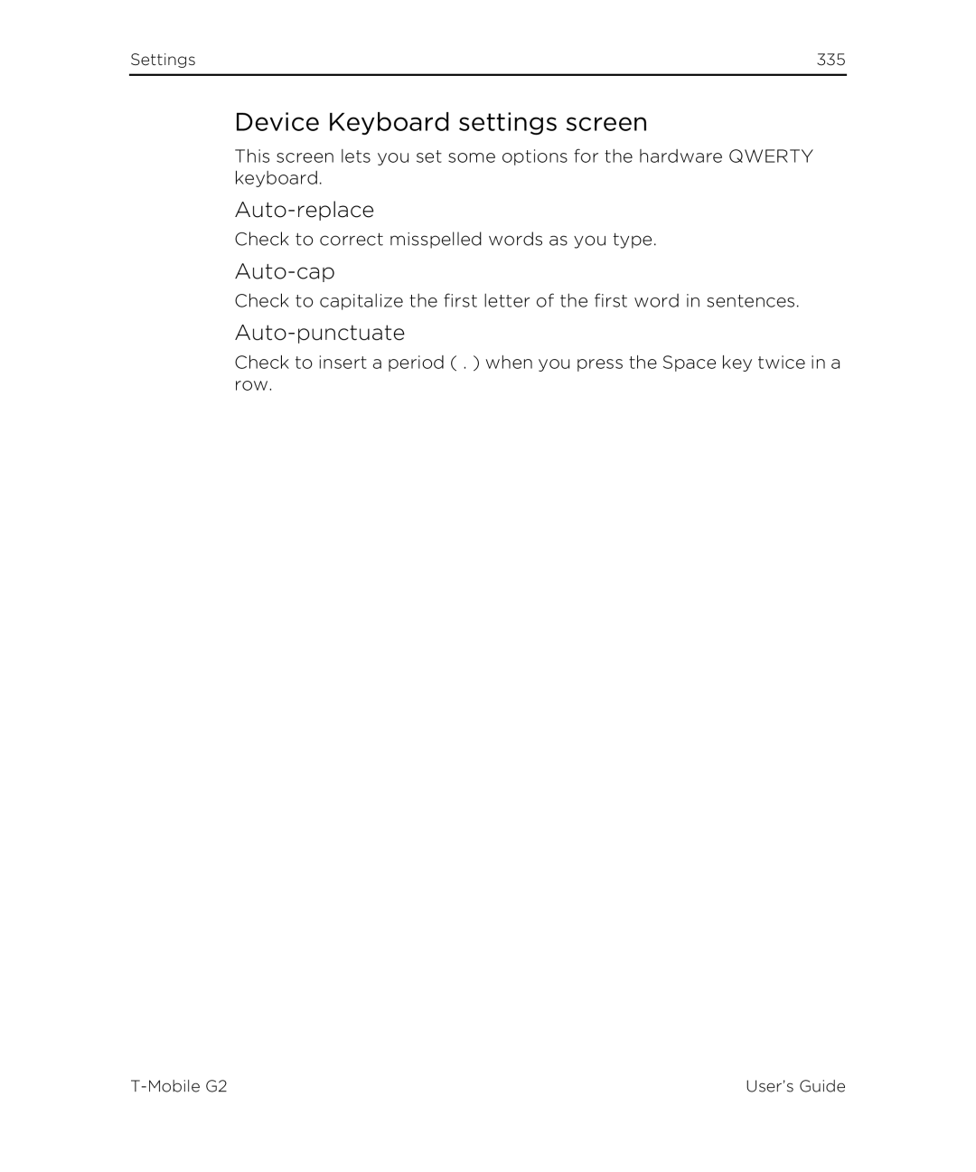 HTC G2 manual Device Keyboard settings screen, Auto-replace, Auto-cap, Auto-punctuate 