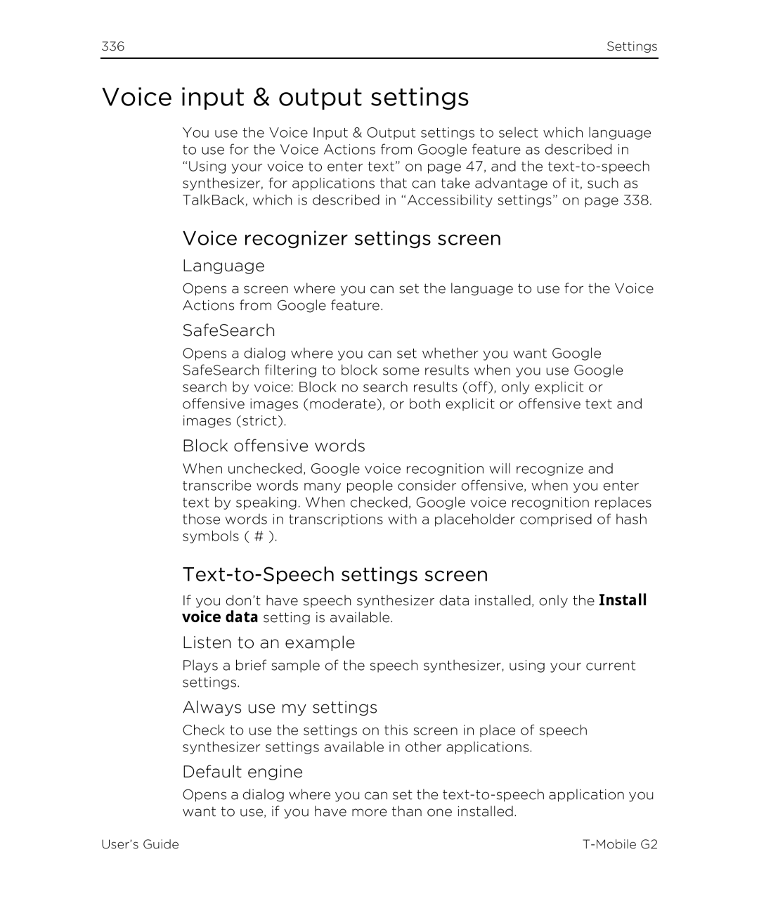 HTC G2 manual Voice input & output settings, Voice recognizer settings screen, Text-to-Speech settings screen 