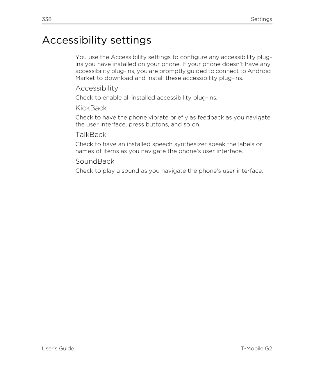 HTC G2 manual Accessibility settings, KickBack, TalkBack, SoundBack 