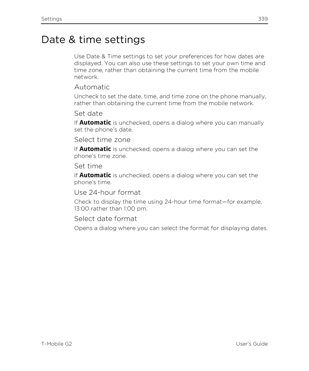 HTC G2 manual Date & time settings 