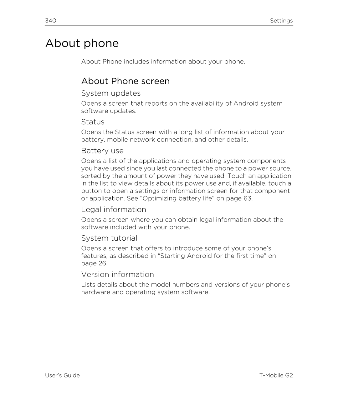 HTC G2 manual About phone, About Phone screen 