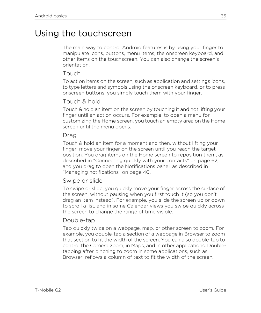 HTC G2 manual Using the touchscreen 