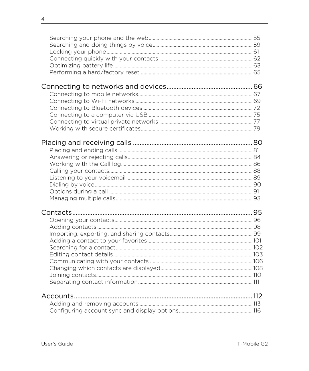 HTC G2 manual Connecting to networks and devices, Placing and receiving calls, Contacts, Accounts 