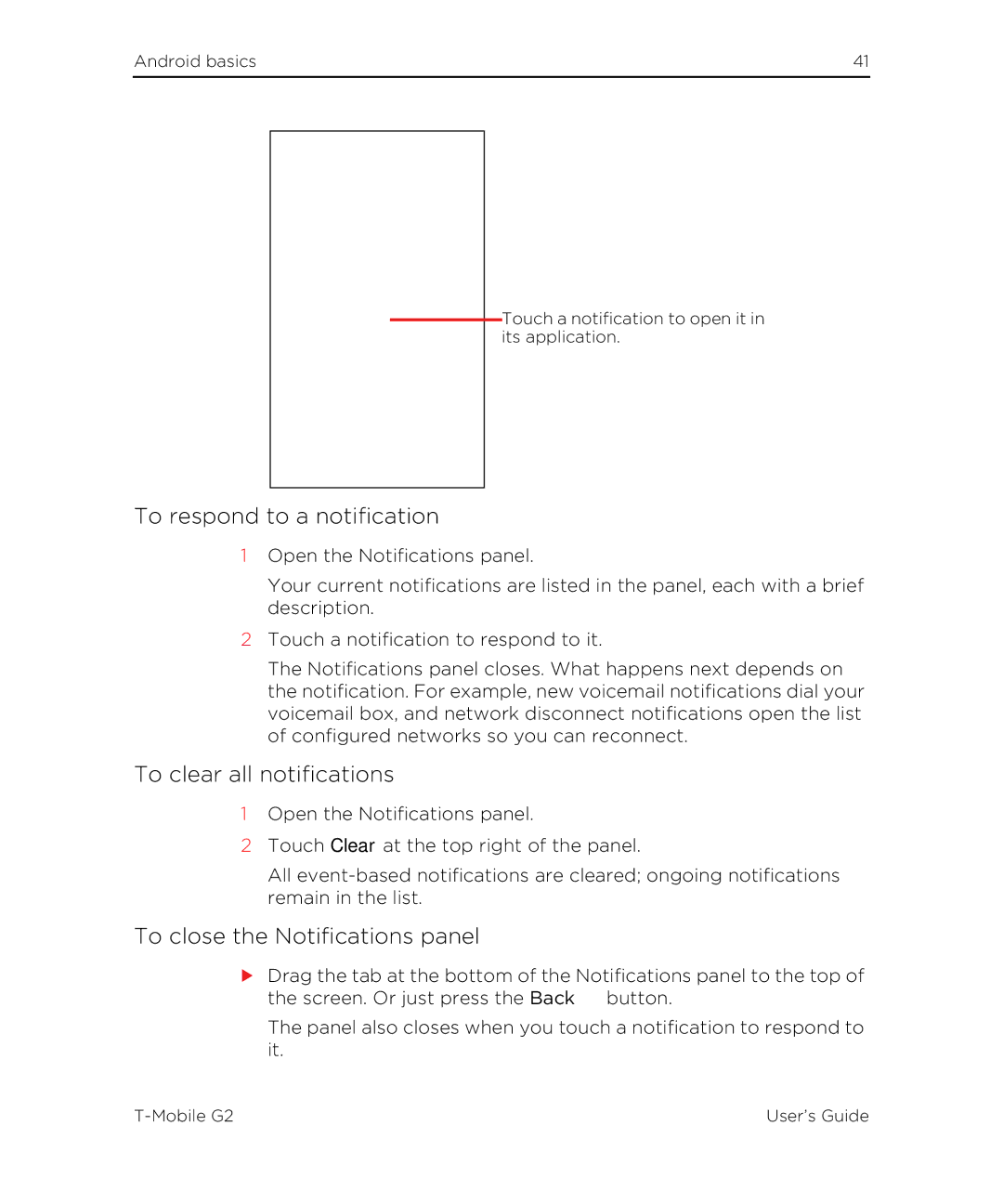 HTC G2 manual To respond to a notification, To clear all notifications, To close the Notifications panel 