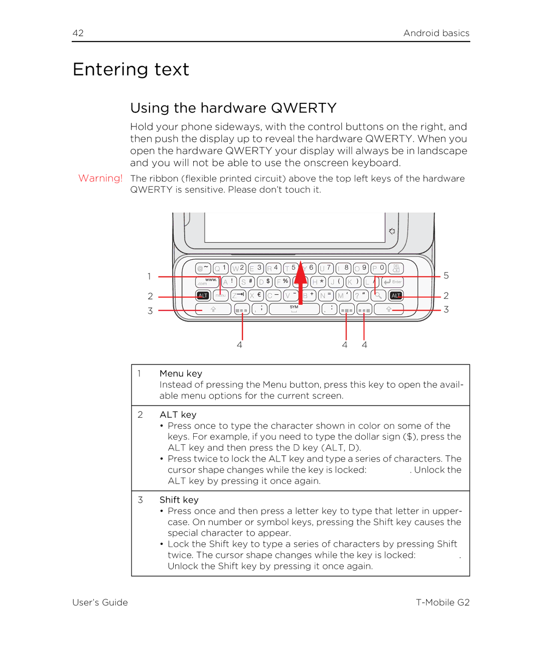 HTC G2 manual Entering text, Using the hardware Qwerty 