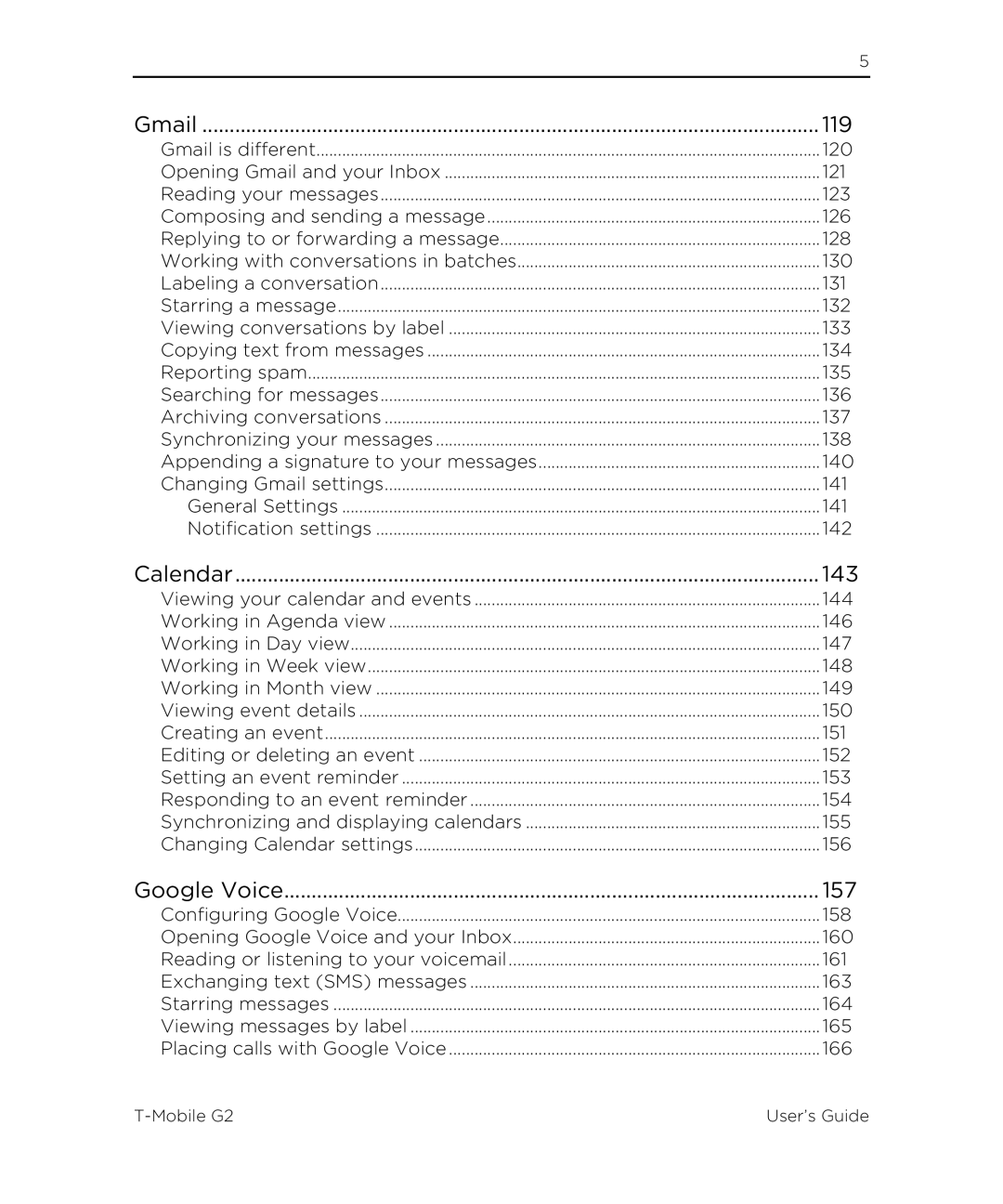 HTC G2 manual 119, Calendar 143, Google Voice 157 