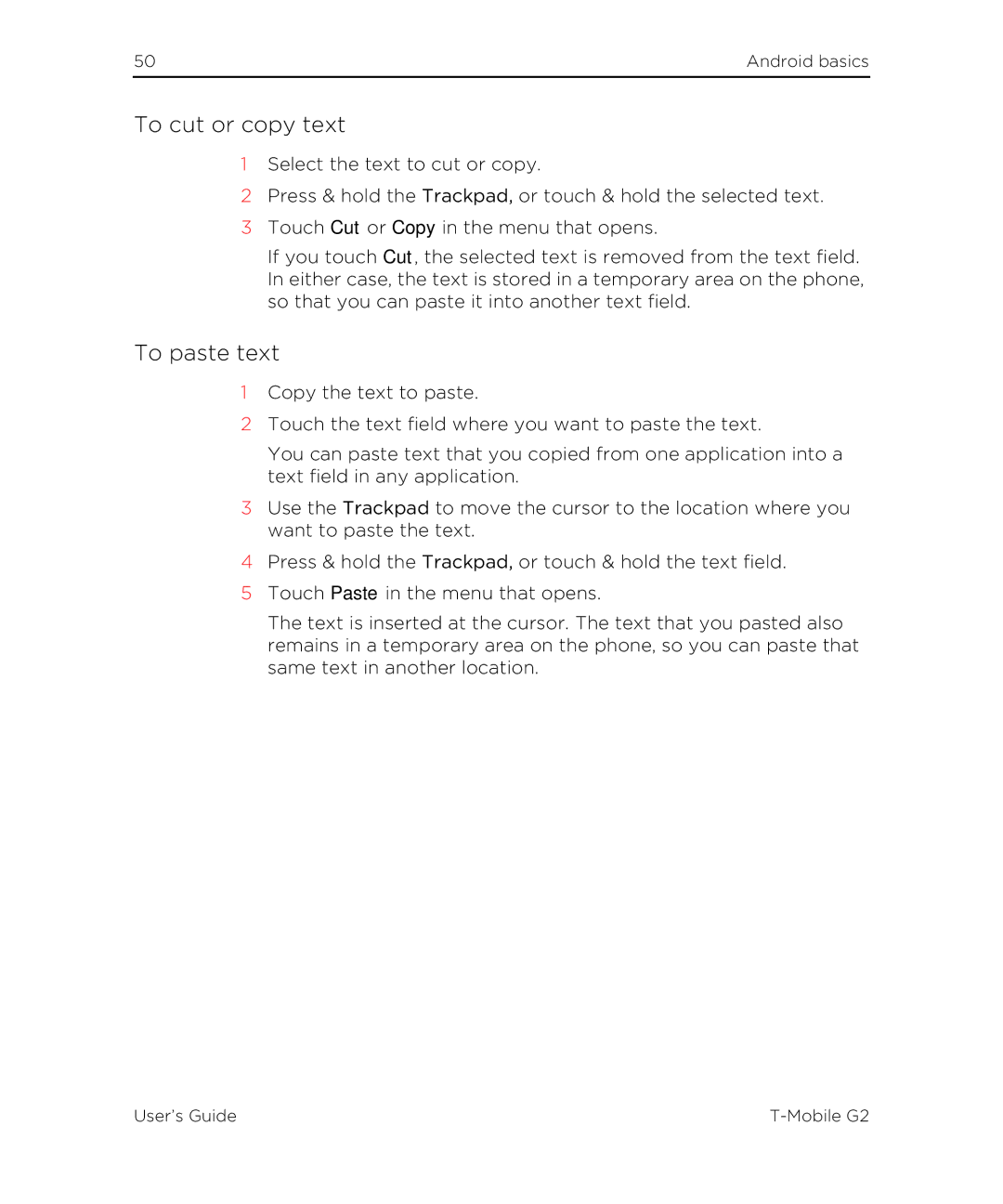 HTC G2 manual To cut or copy text, To paste text 