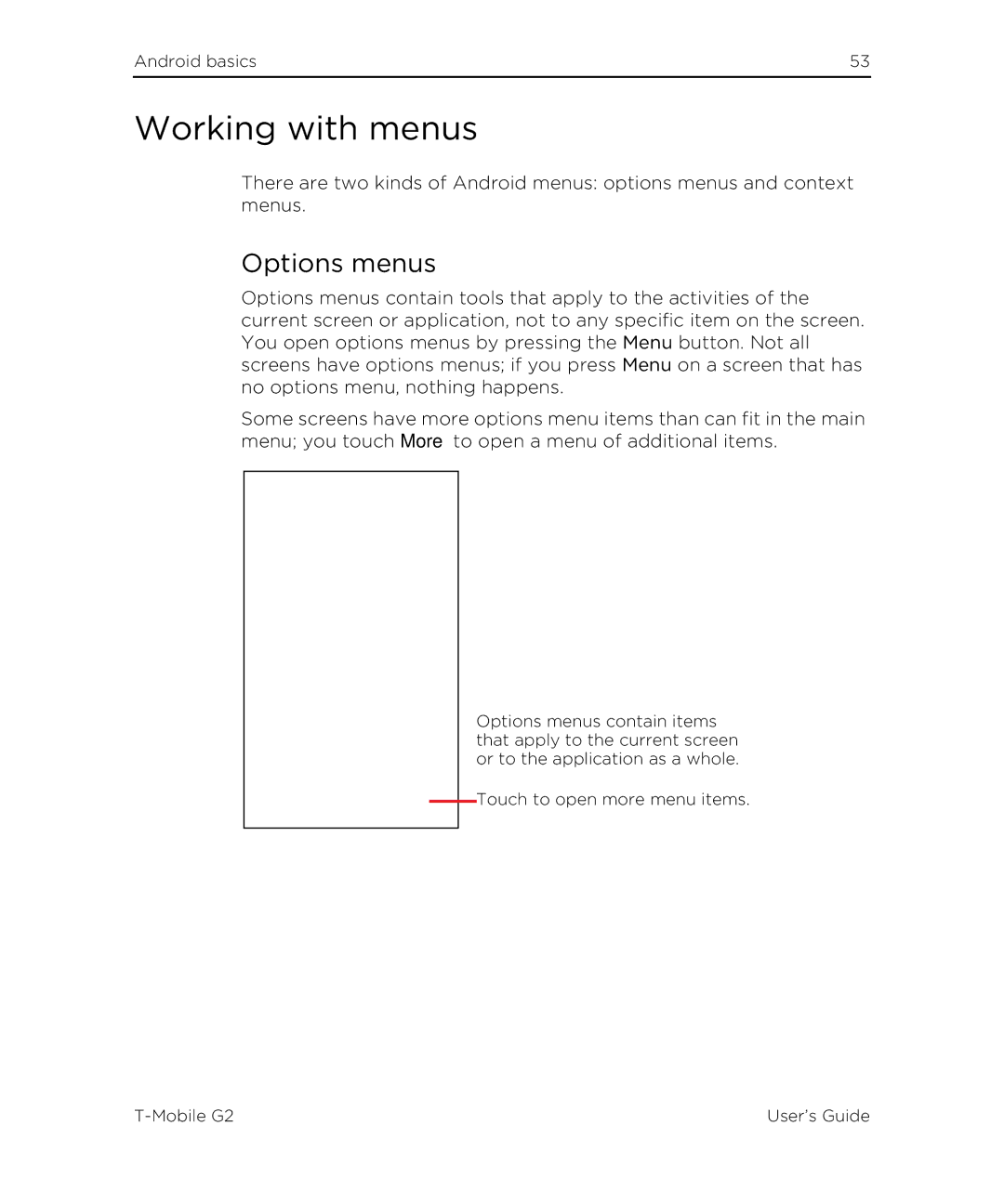 HTC G2 manual Working with menus, Options menus 