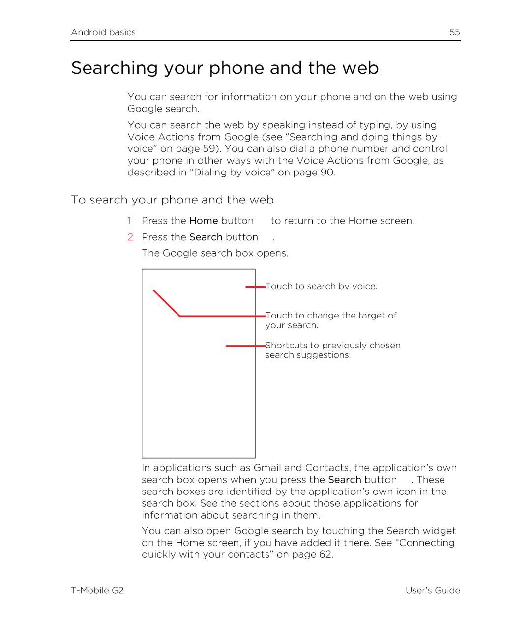 HTC G2 manual Searching your phone and the web, To search your phone and the web 