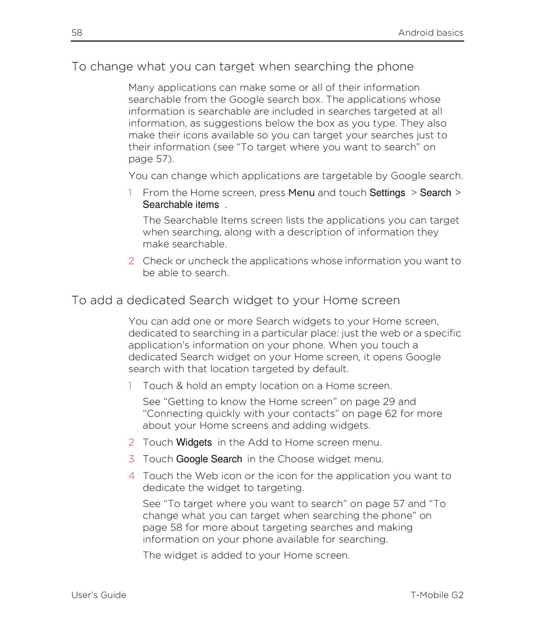 HTC G2 manual To change what you can target when searching the phone, To add a dedicated Search widget to your Home screen 