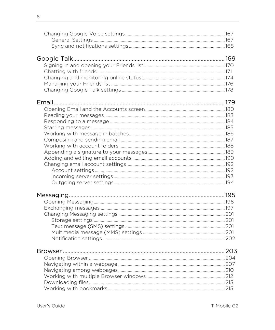 HTC G2 manual Google Talk 169, Browser 203 