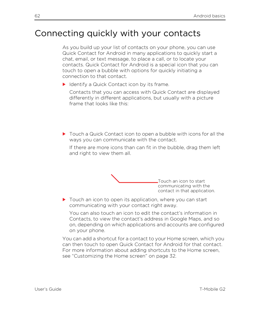 HTC G2 manual Connecting quickly with your contacts 