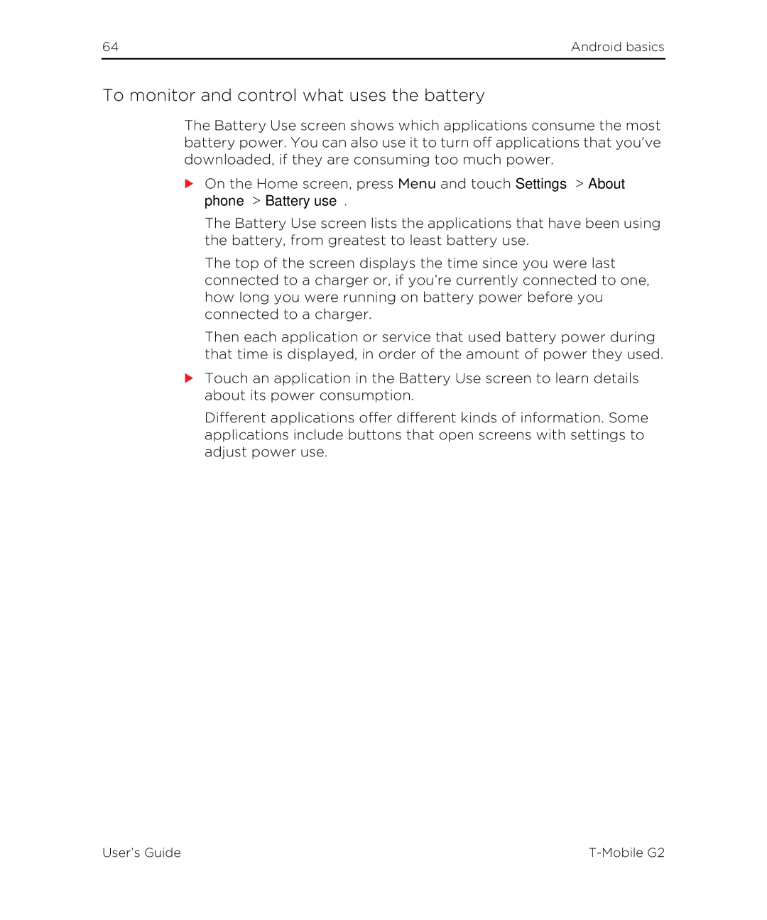 HTC G2 manual To monitor and control what uses the battery 