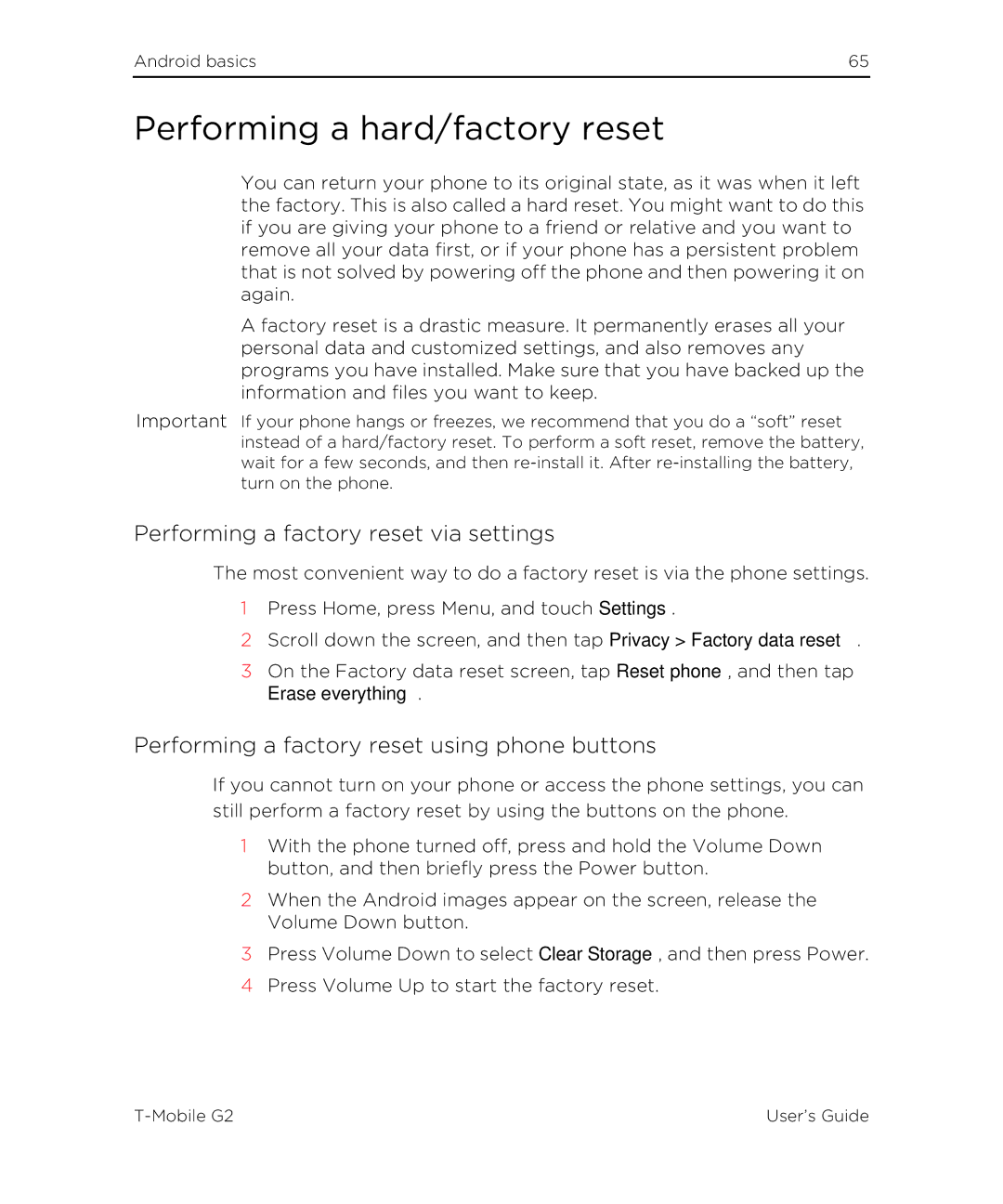 HTC G2 manual Performing a hard/factory reset, Performing a factory reset via settings, Erase everything 