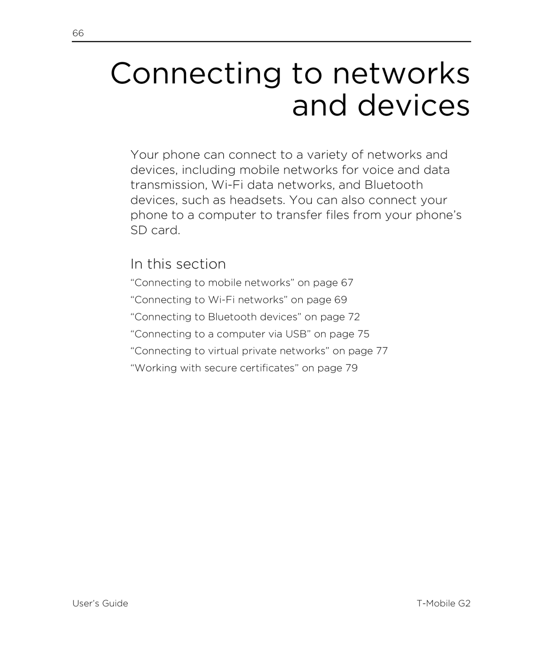 HTC G2 manual Connecting to networks and devices, This section 