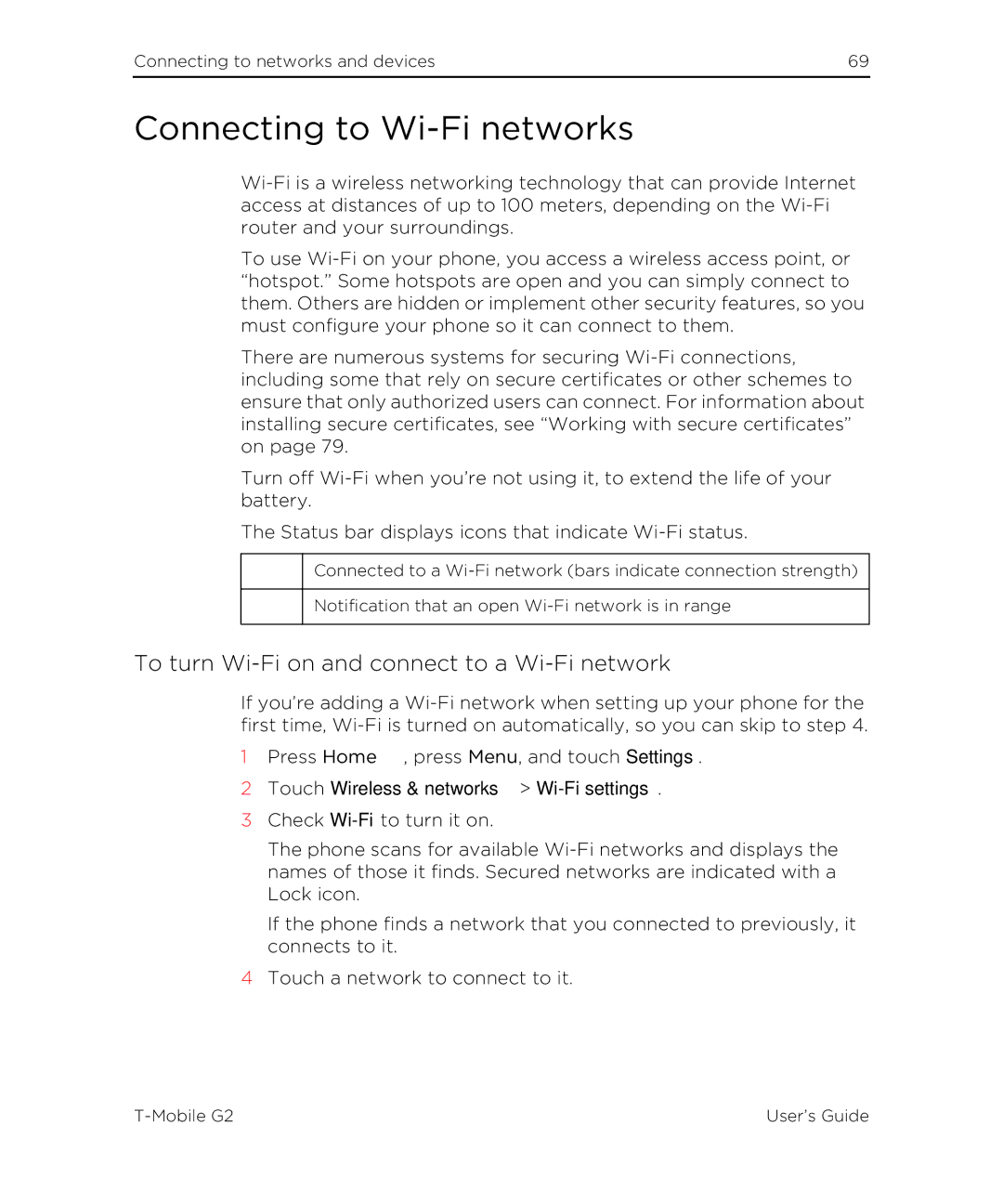 HTC G2 manual Connecting to Wi-Fi networks, To turn Wi-Fi on and connect to a Wi-Fi network 