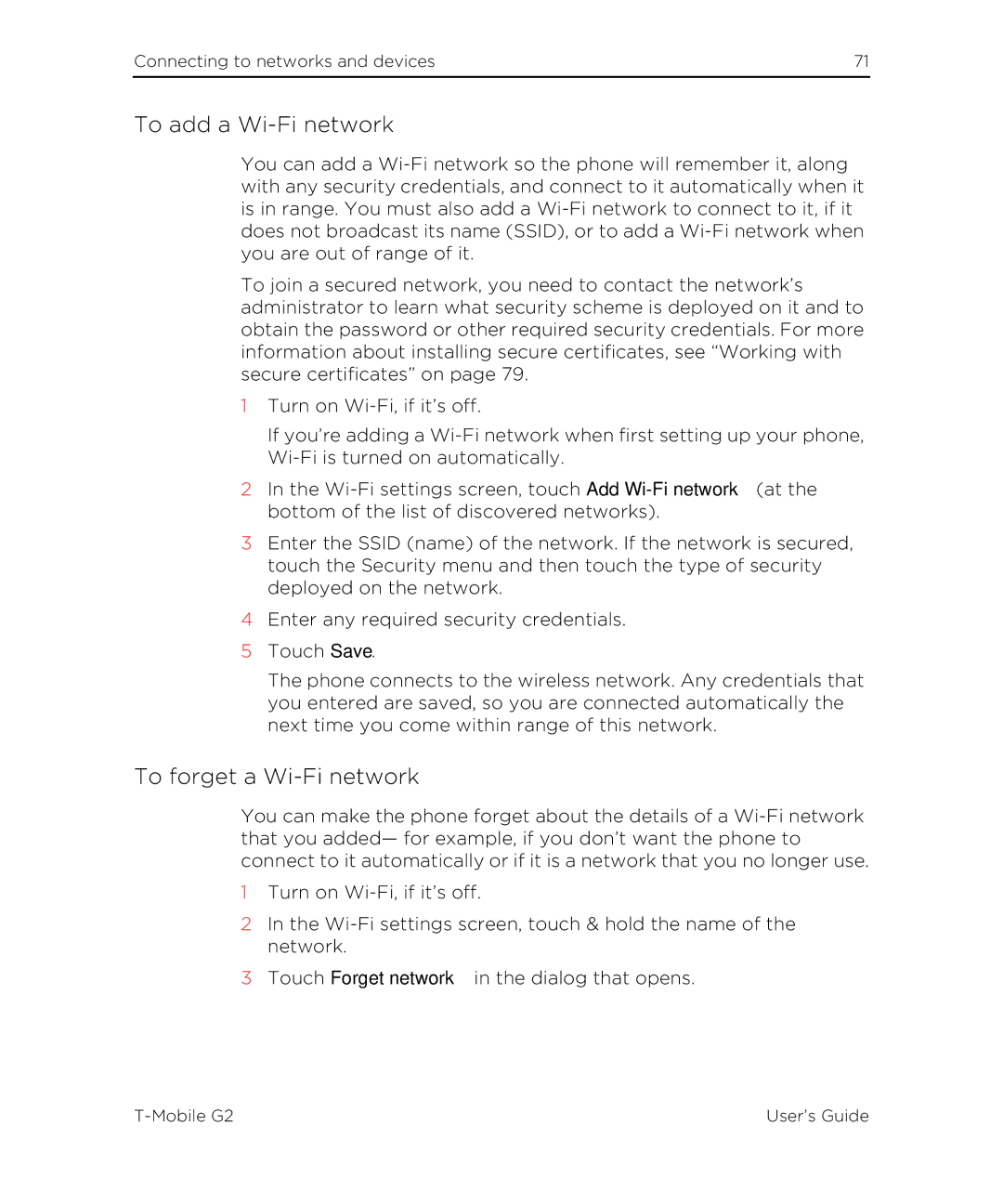 HTC G2 manual To add a Wi-Fi network, To forget a Wi-Fi network 