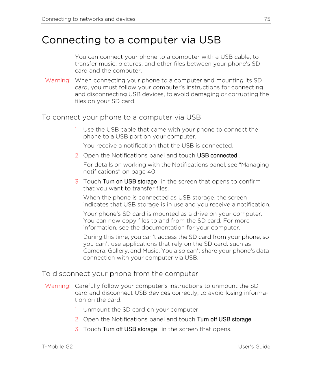 HTC G2 manual Connecting to a computer via USB, To connect your phone to a computer via USB 