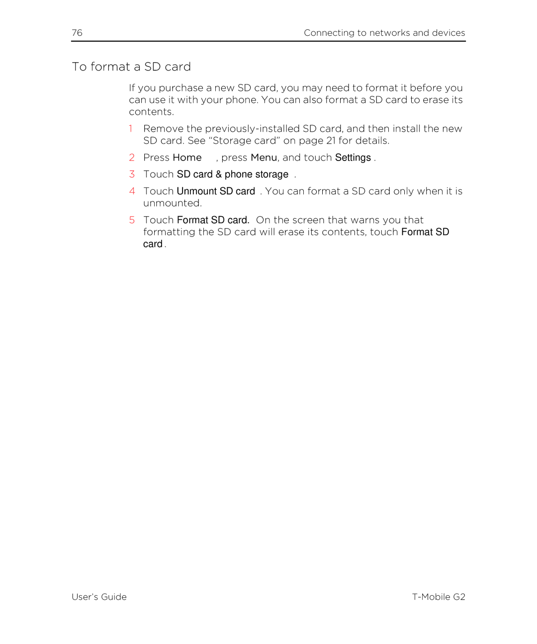 HTC G2 manual To format a SD card, Touch SD card & phone storage 