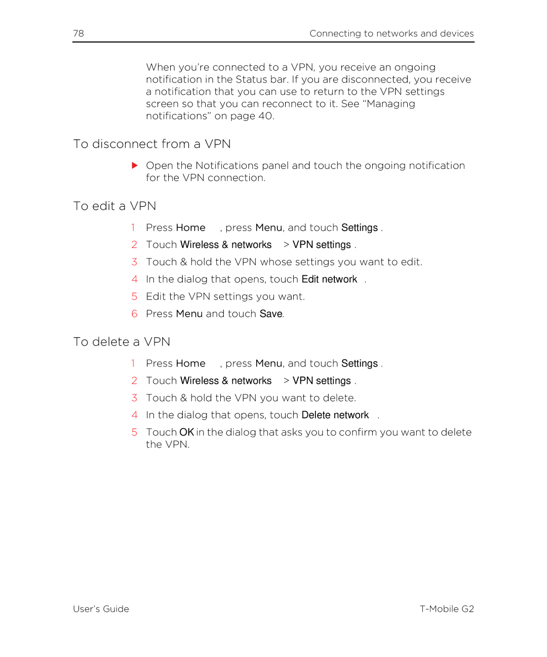 HTC G2 manual To disconnect from a VPN, To edit a VPN, To delete a VPN 