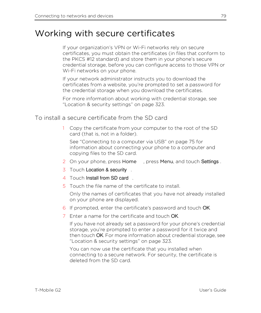 HTC G2 manual Working with secure certificates, To install a secure certificate from the SD card 