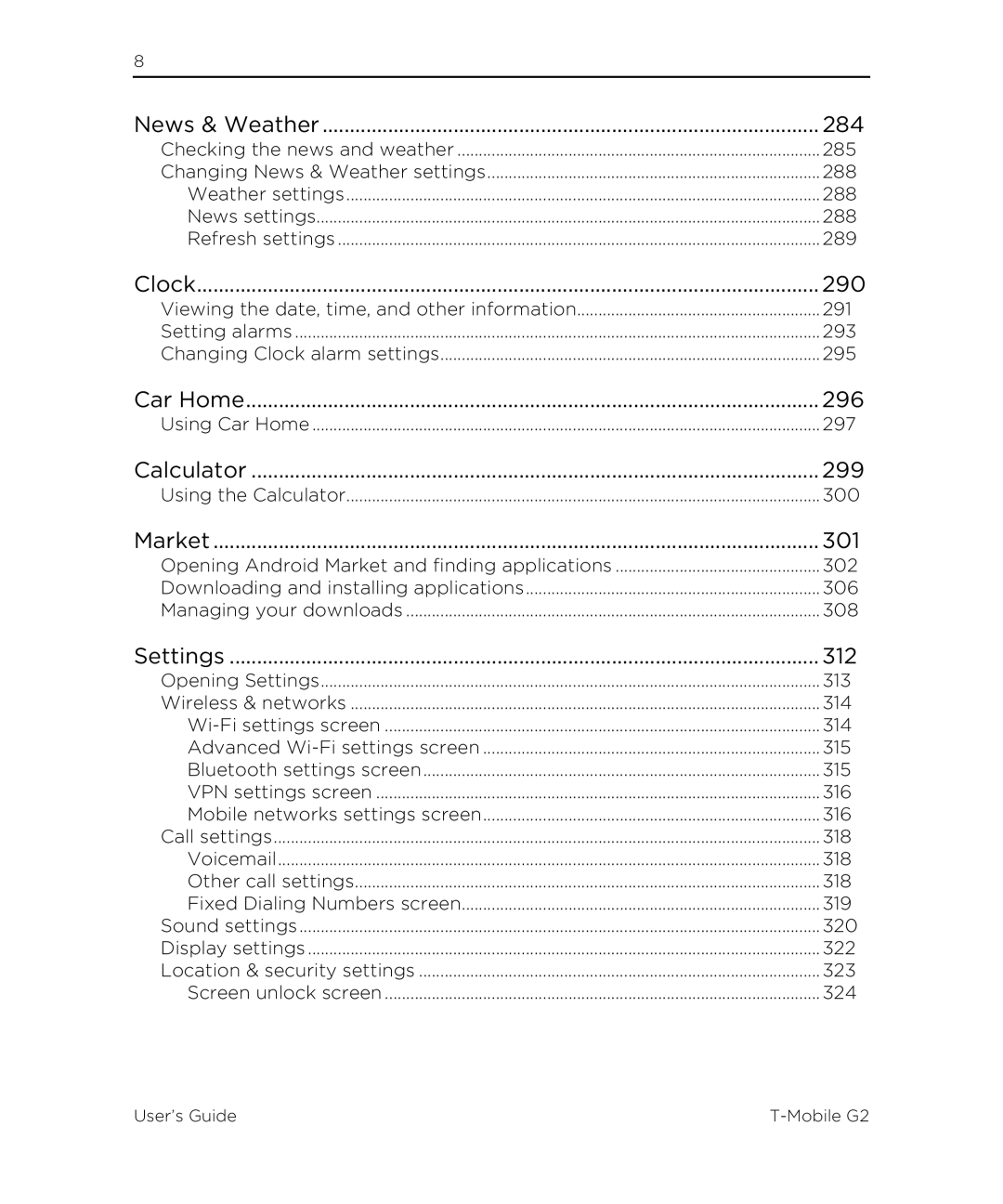 HTC G2 manual News & Weather 284, 290, Car Home 296, Calculator 299, 301, 312 