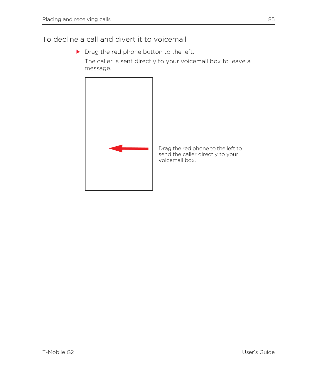 HTC G2 manual To decline a call and divert it to voicemail 