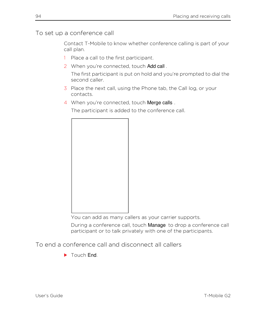 HTC G2 manual To set up a conference call, To end a conference call and disconnect all callers 