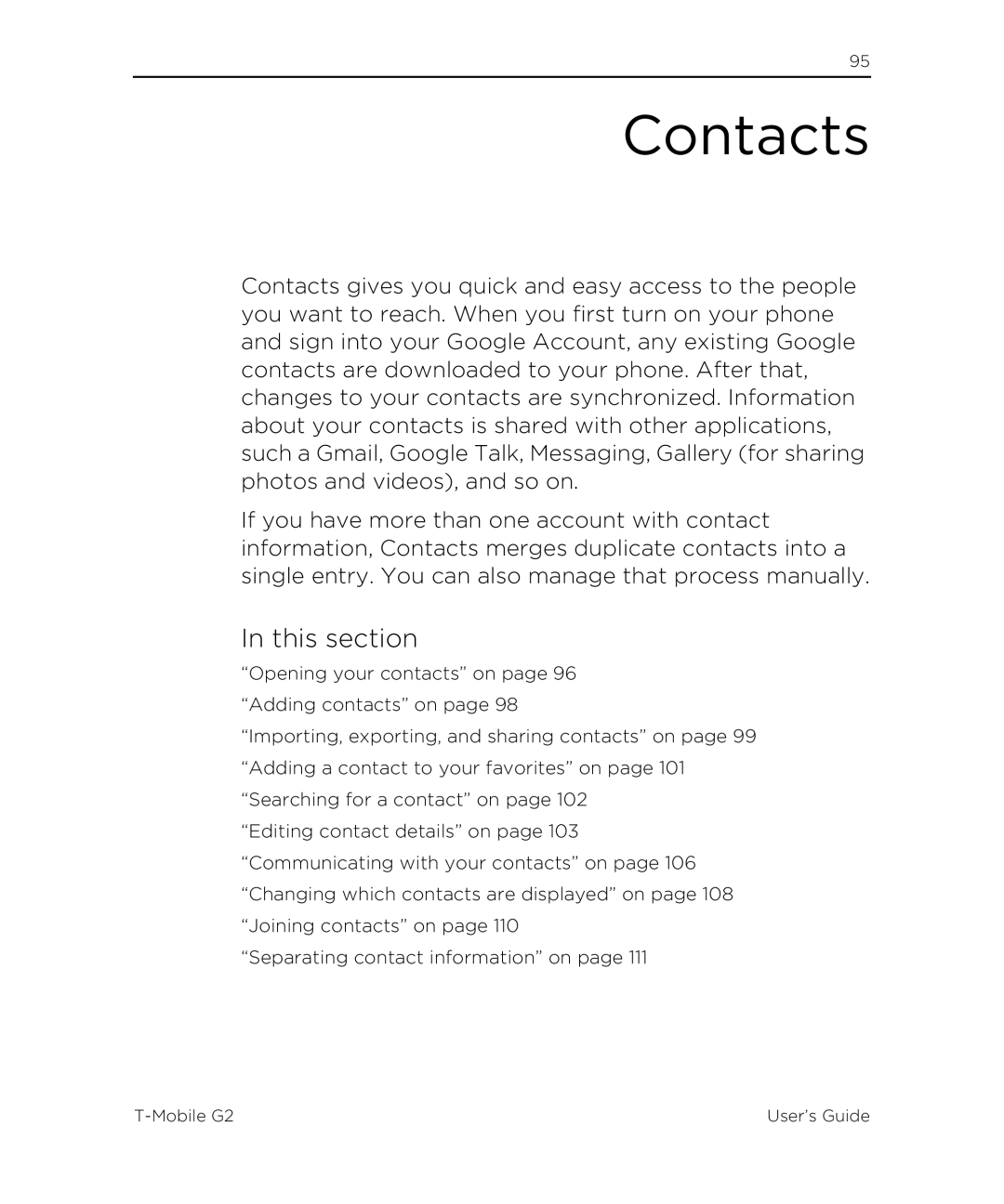 HTC G2 manual Contacts, This section 