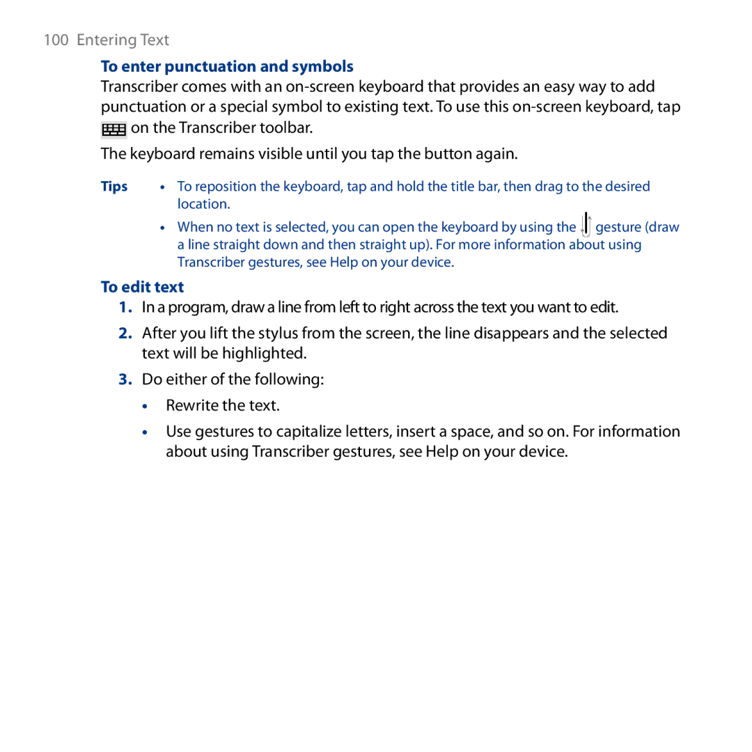 HTC HD user manual To enter punctuation and symbols, To edit text 