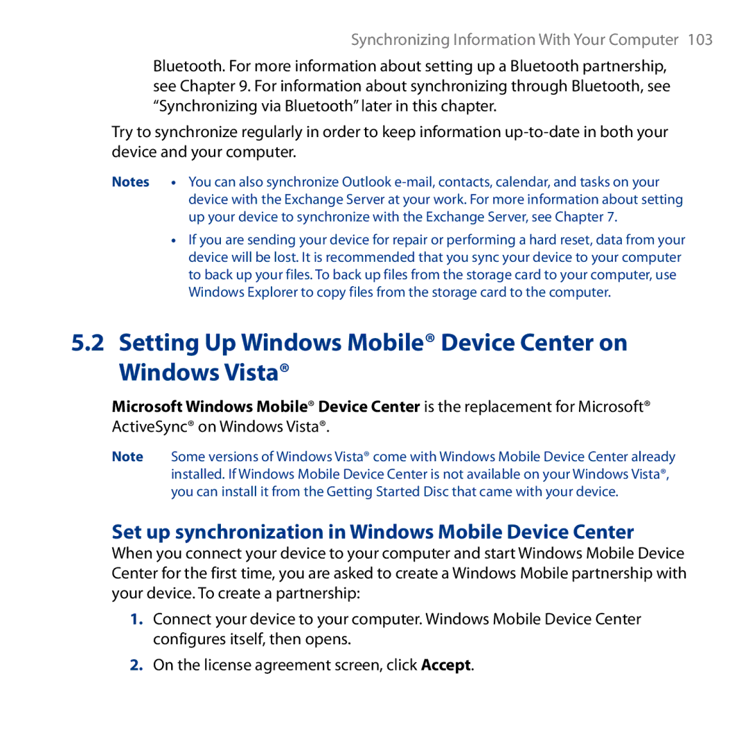 HTC HD Setting Up Windows Mobile Device Center on Windows Vista, Set up synchronization in Windows Mobile Device Center 