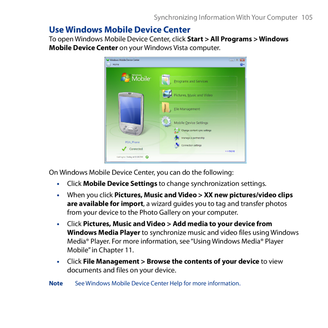 HTC HD user manual Use Windows Mobile Device Center 