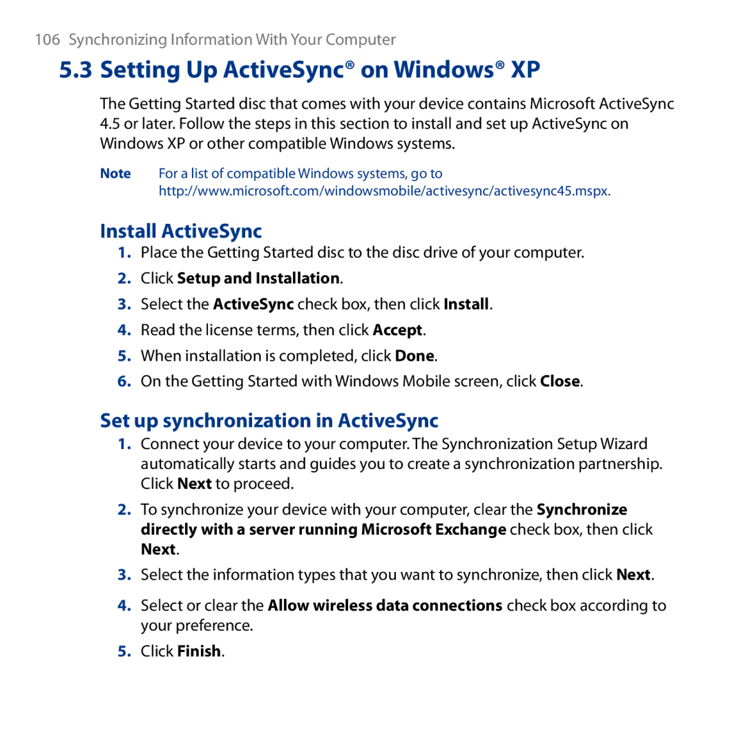 HTC HD Setting Up ActiveSync on Windows XP, Install ActiveSync, Set up synchronization in ActiveSync, Click Finish 